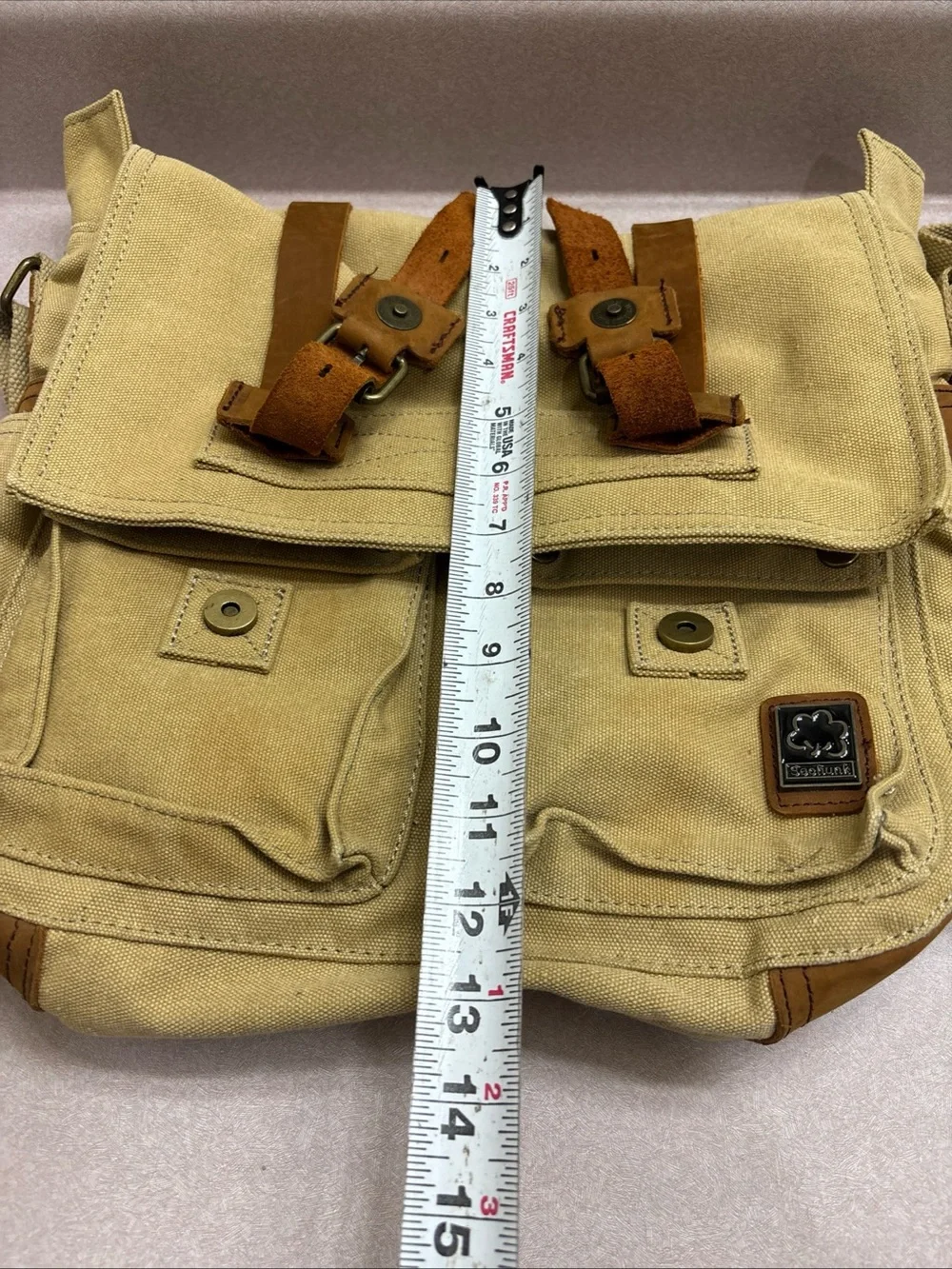 Sechunk Vintage Military Leather Brown Sand Canvas Messenger Satchel Bag Large